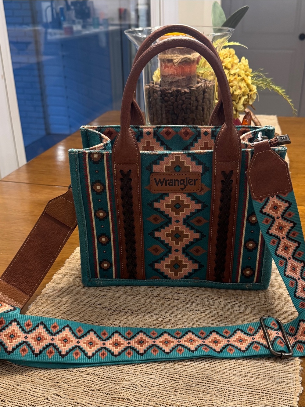 Wrangler Turquoise Aztec Canvas Satchel Crossbody Western Bag